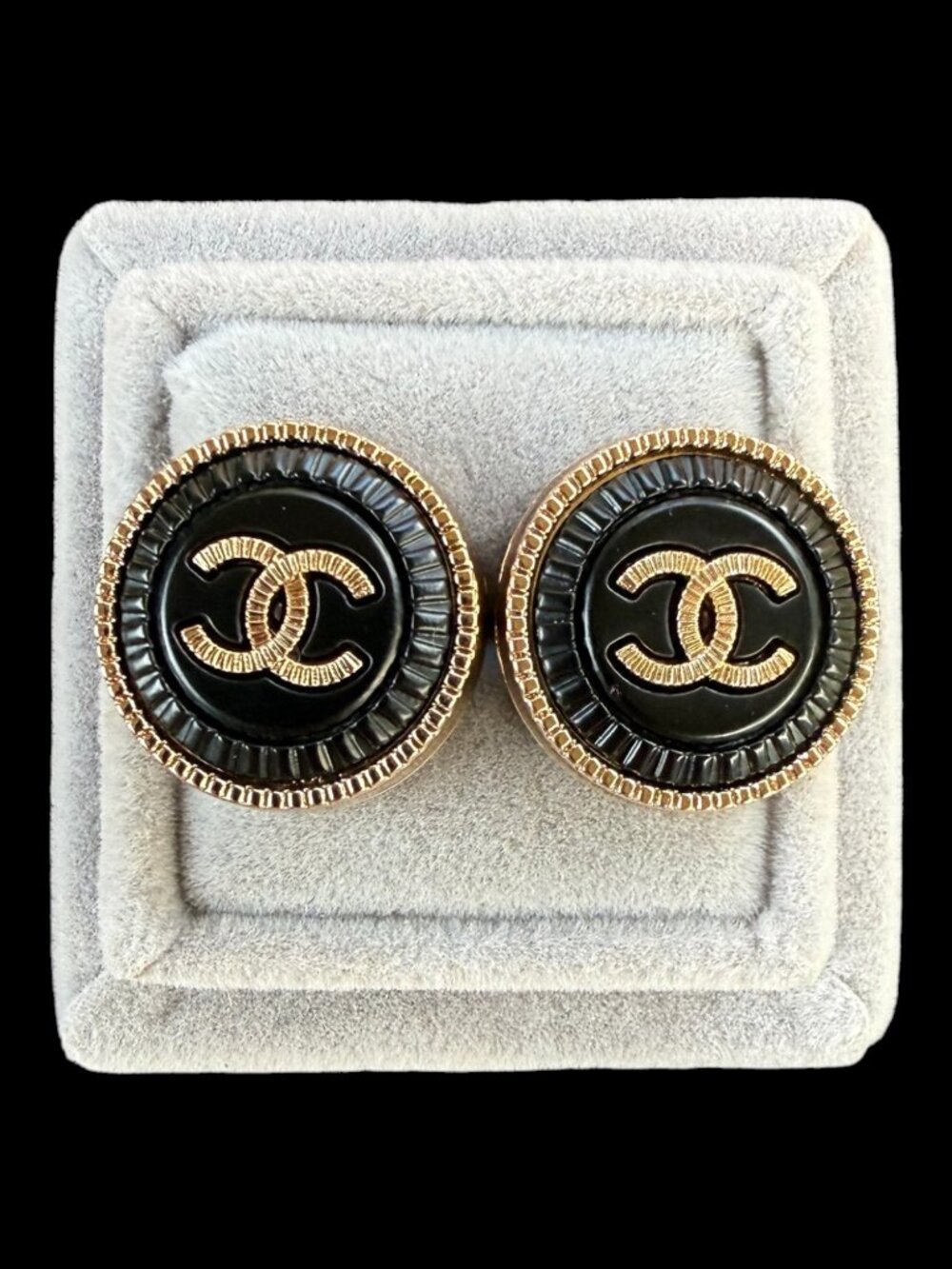 Black and Gold Tone Button Earring